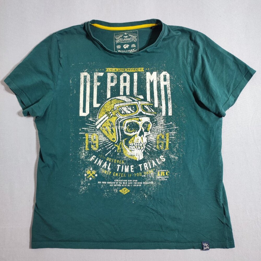 Tokyo Landry T-shirt men's size L green colour with graphic design short sleeve